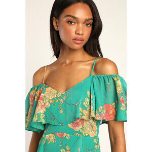 Lulus Romantic Love Green Floral Print Cold-shoulder Midi Dress - Size XS